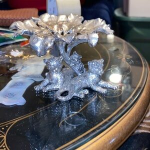 ARTHUR COURT Cheetah Leopard Cat Cub Family 3” Pillar Candle Holder Silver Metal